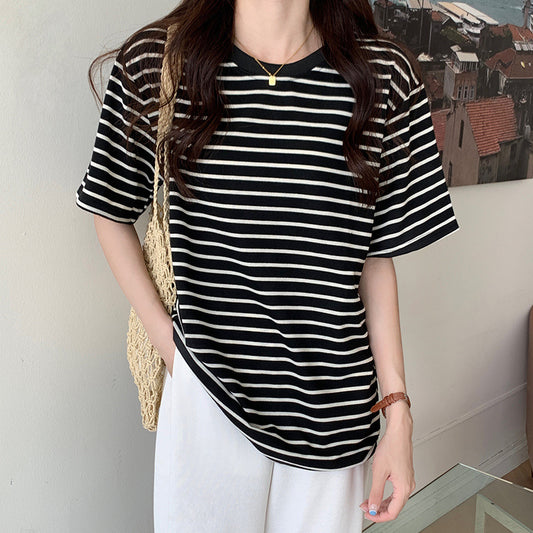 New Korean Style Back Patch Striped Short-sleeved Women's T-shirt