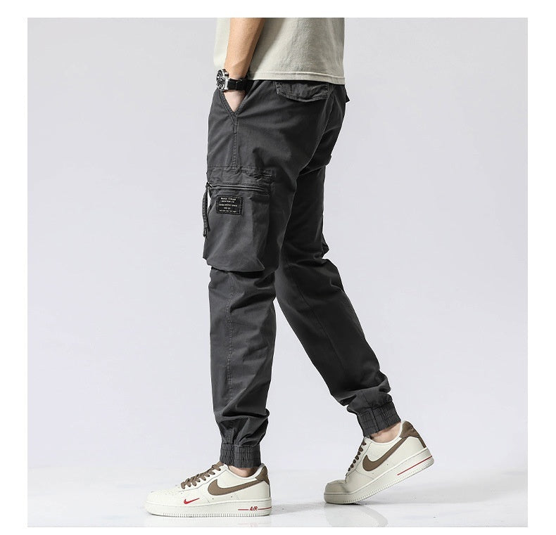 Casual Pants Trendy Brand Elastic Waist Men's Youth Simple Pure Cotton Multi-pocket Work Pants Trousers Ankle-tied