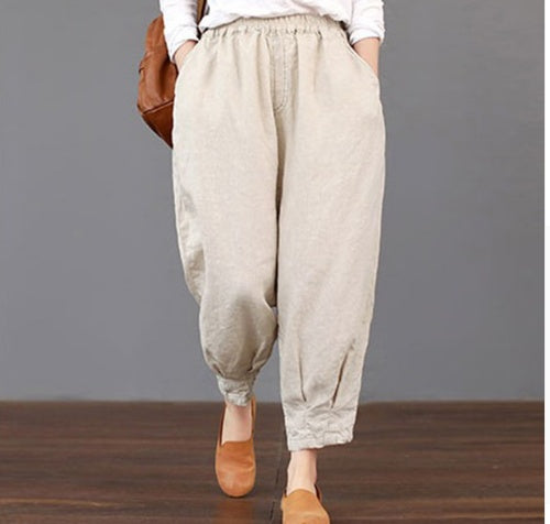 Spring and summer new literary fan women's casual solid color cotton and linen elastic waist wild women's trousers was thin Harlan