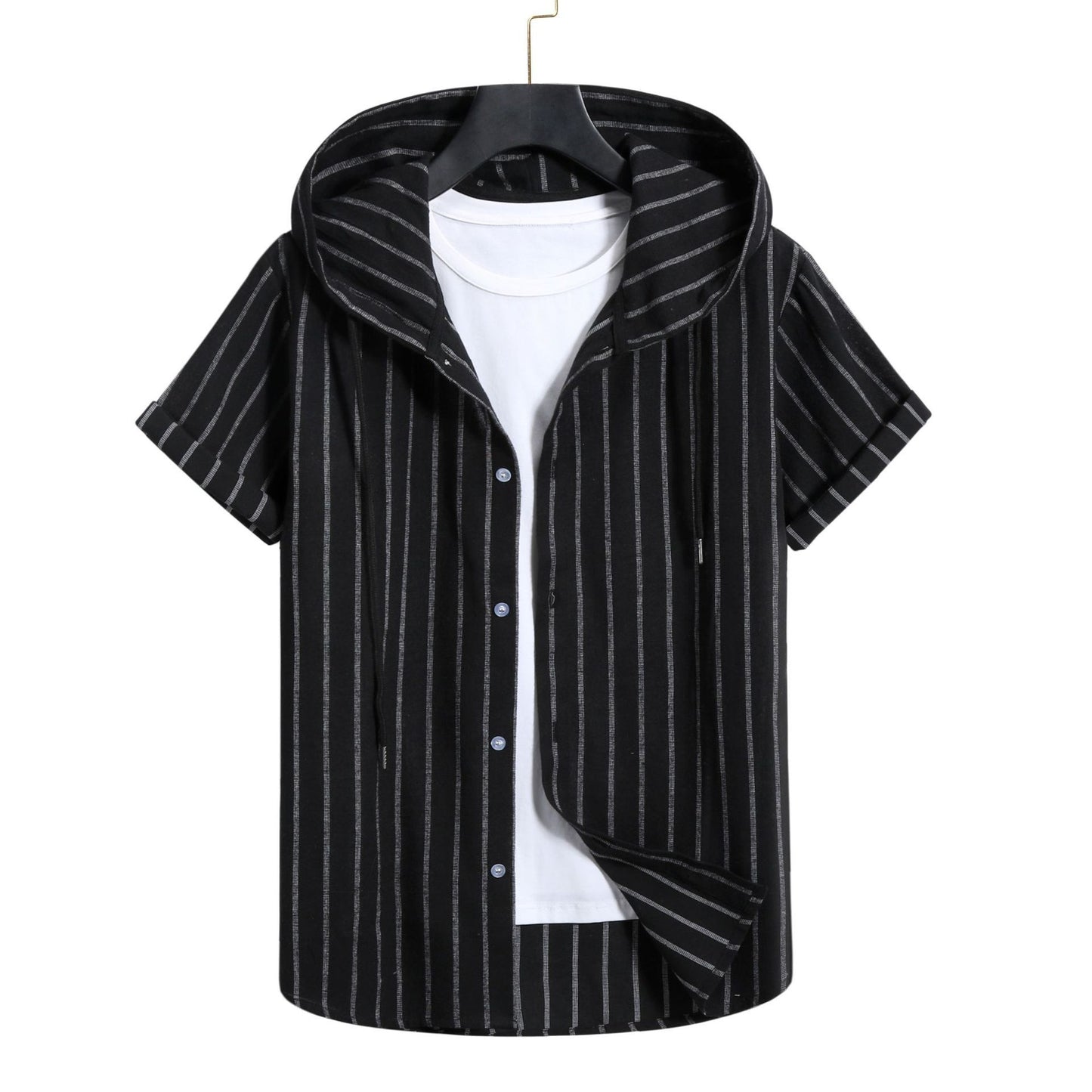 Men's Casual Short-sleeved Striped Hooded Shirt