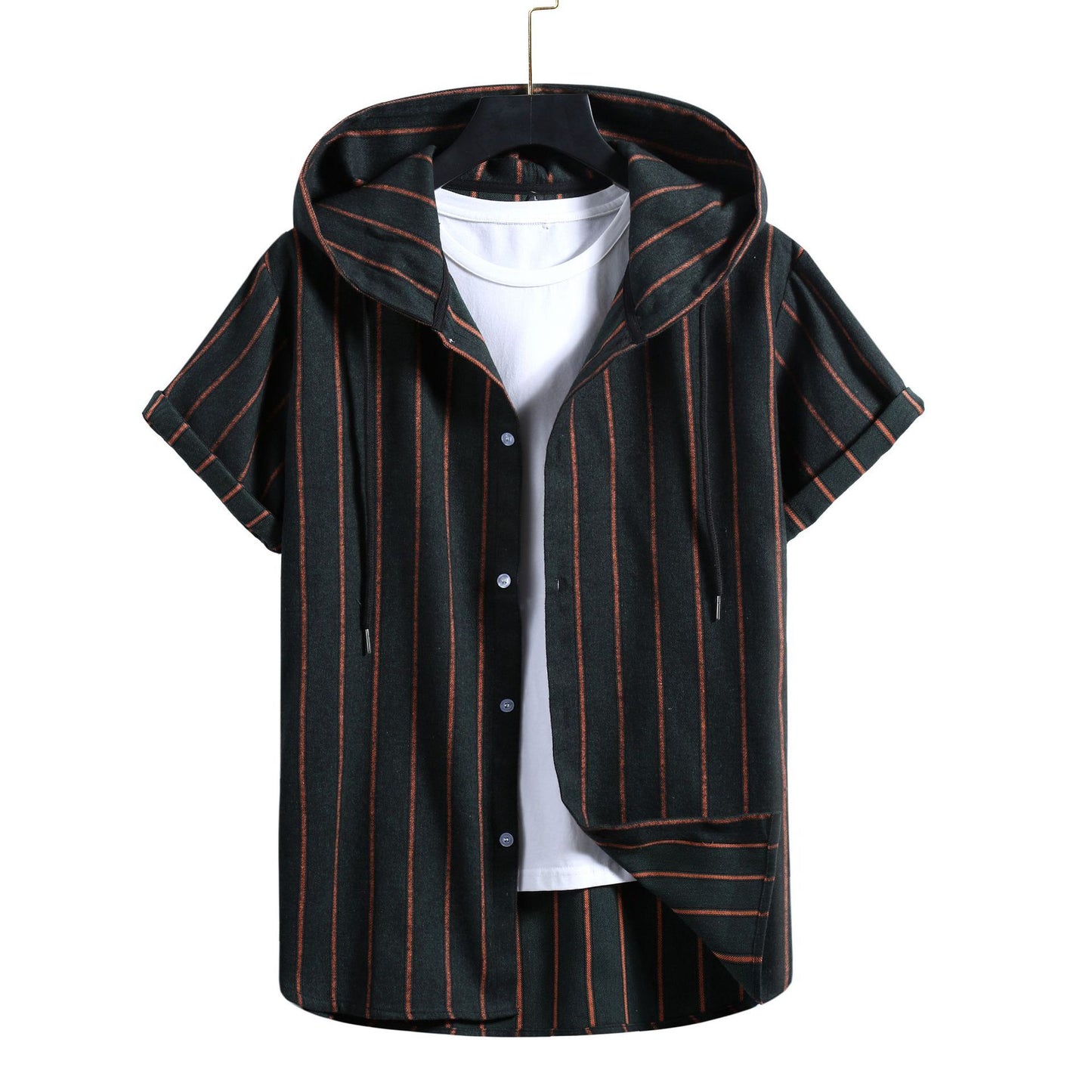 Men's Casual Short-sleeved Striped Hooded Shirt