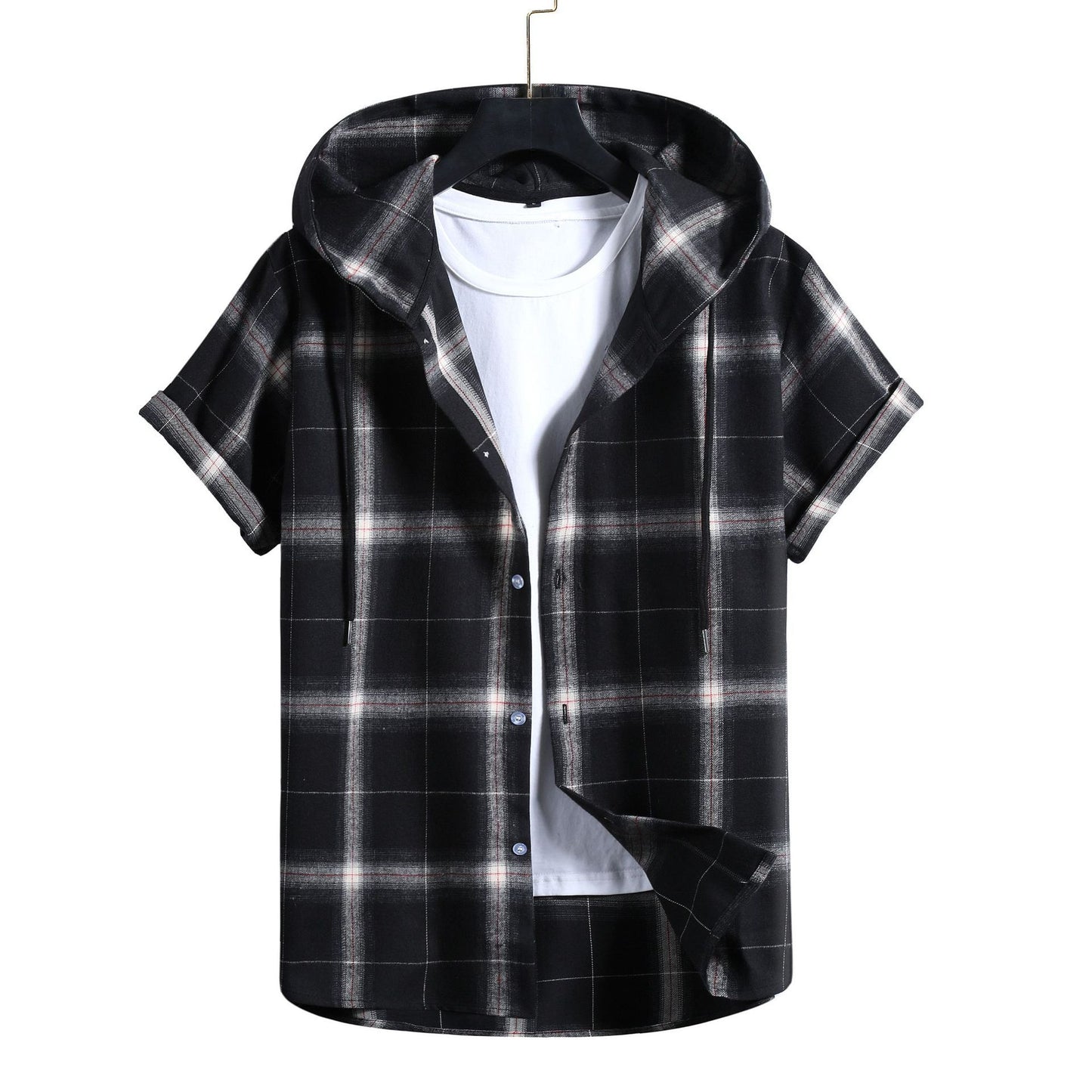 Men's Casual Short-sleeved Striped Hooded Shirt