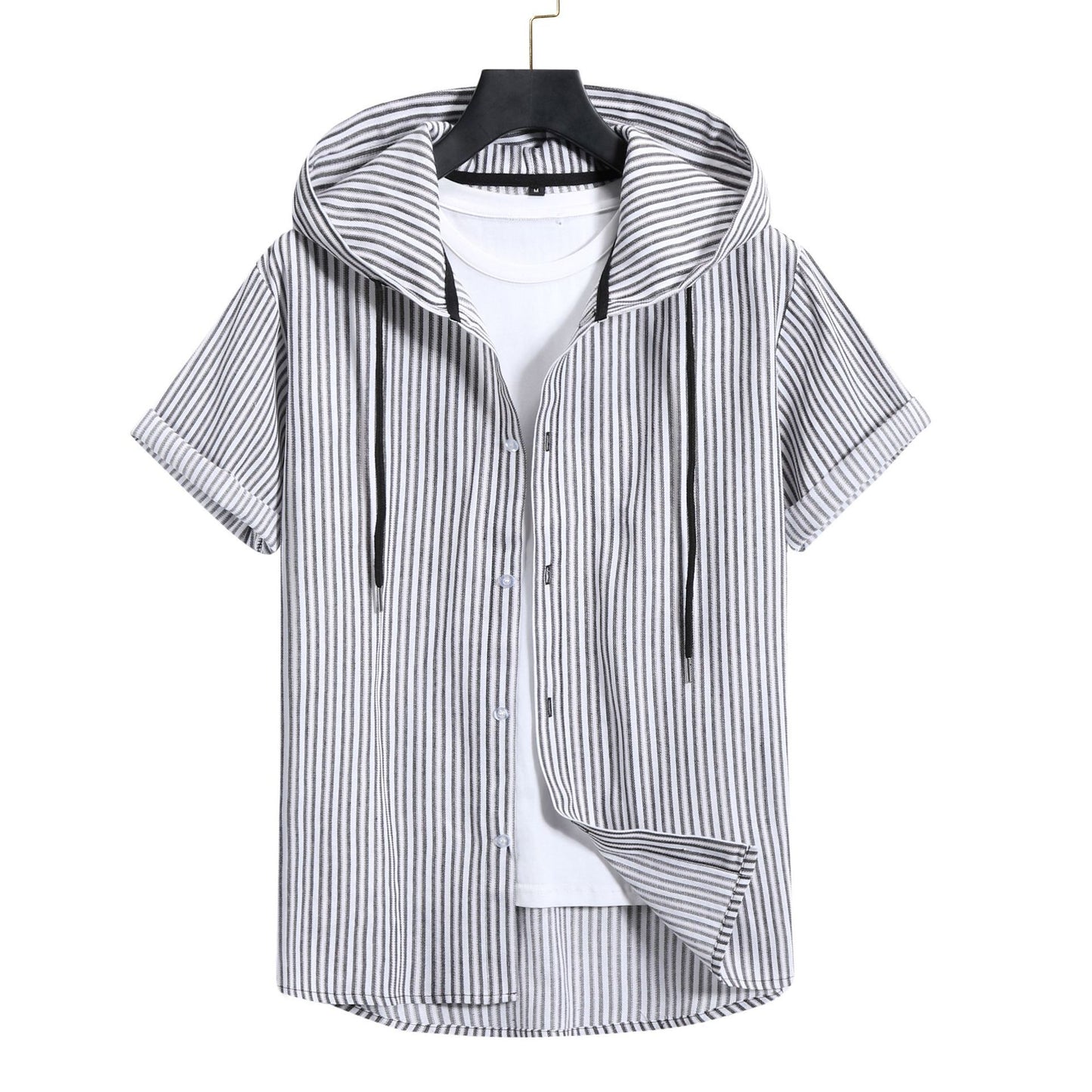 Men's Casual Short-sleeved Striped Hooded Shirt