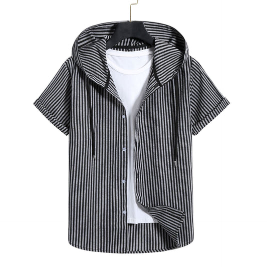 Men's Casual Short-sleeved Striped Hooded Shirt