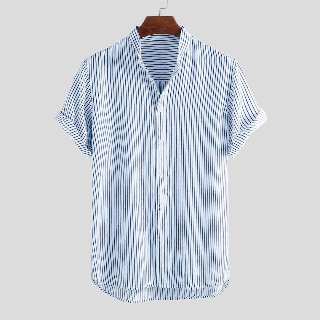 Men's Summer Striped Short Sleeved Stand Up Collar Men's Plus Size Shirt