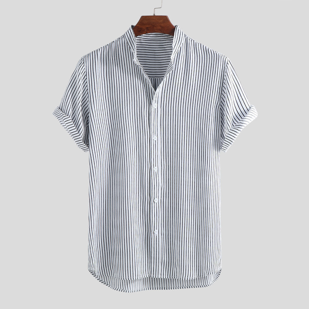 Men's Summer Striped Short Sleeved Stand Up Collar Men's Plus Size Shirt