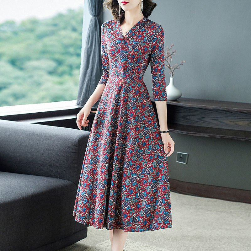 Generous Temperament Slim Dress Mid-Length Middle-Aged And Elderly Printed Mid-Length Base Skirt