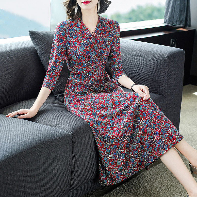 Generous Temperament Slim Dress Mid-Length Middle-Aged And Elderly Printed Mid-Length Base Skirt