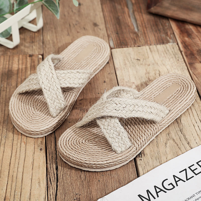 Fashion  Straw Woven Flat Heel Women Slippers