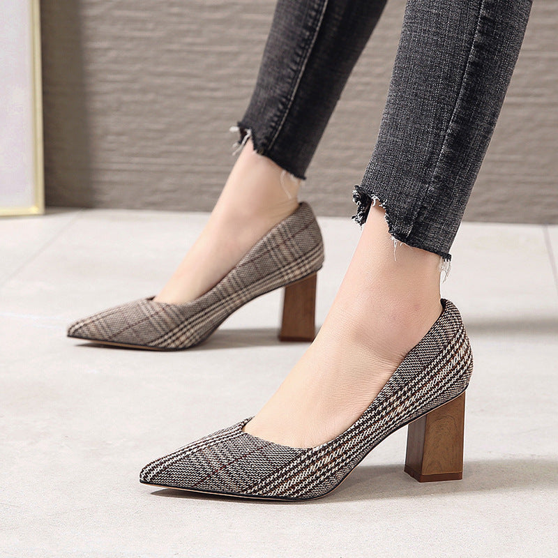 High Heeled Shoes Women New French Girls' Workplace Shoes Lattice Thick Heeled Pointed British Style Single Shoes Fashion