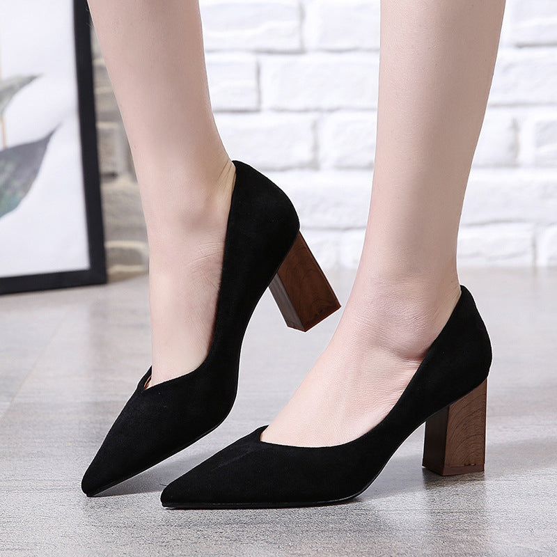 High Heeled Shoes Women New French Girls' Workplace Shoes Lattice Thick Heeled Pointed British Style Single Shoes Fashion