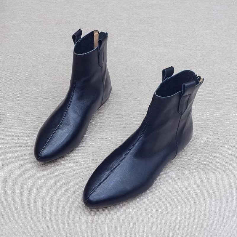 Soft Leather Retro Pointed-toe Soft Bottom Single Ankle Boots For Women