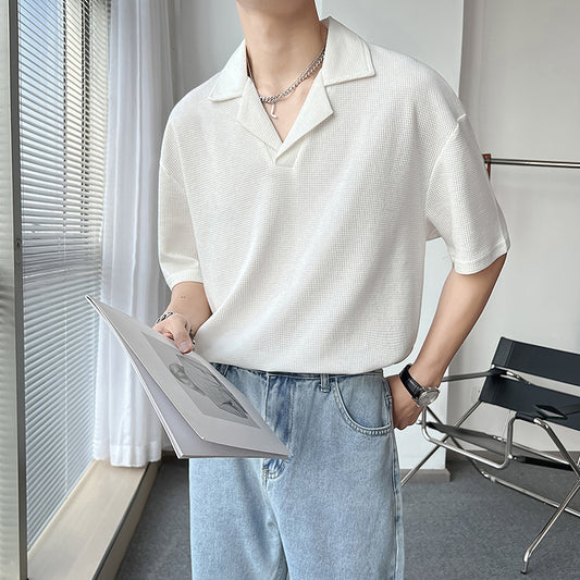 Ins Springsummer Plain Short Sleeve Polo Knitted Loose Drop-shoulder Sleeve Half Sleeve