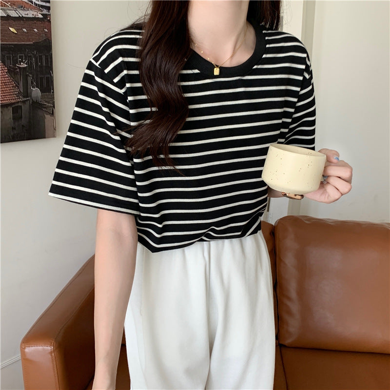 New Korean Style Back Patch Striped Short-sleeved Women's T-shirt