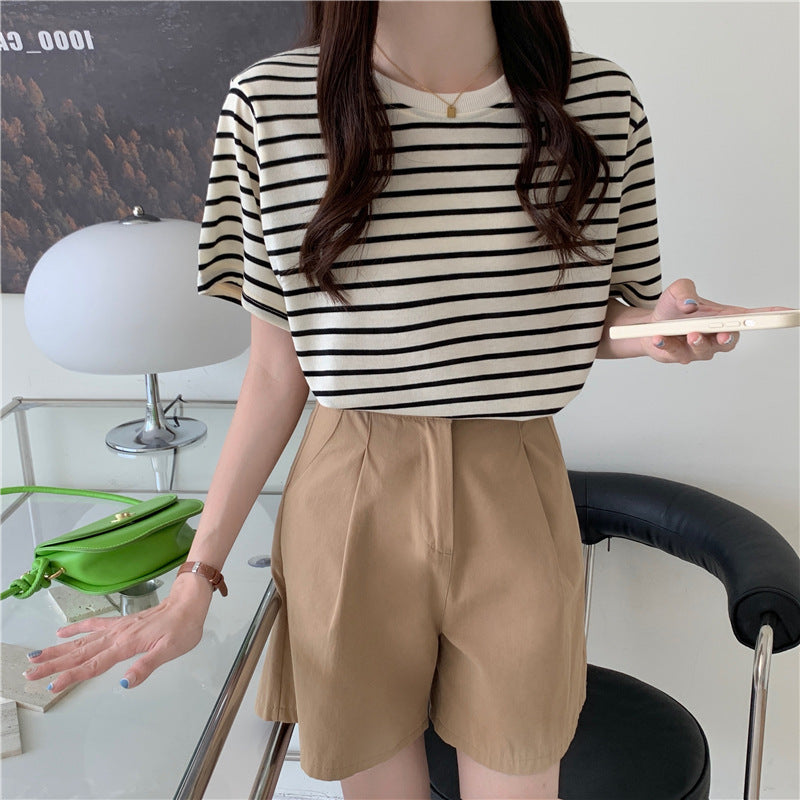 New Korean Style Back Patch Striped Short-sleeved Women's T-shirt