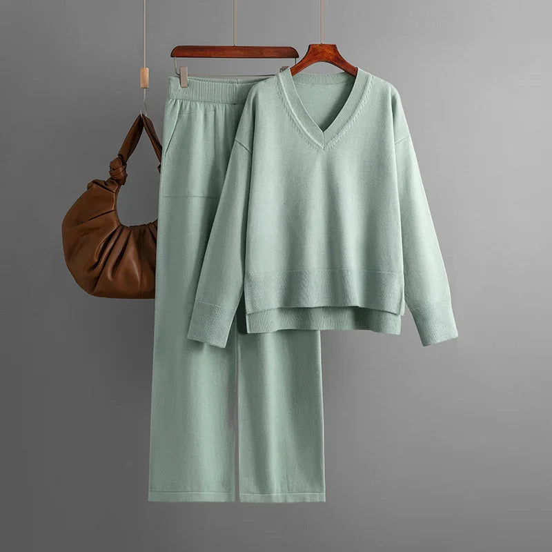 Causal Knit Sweater 2 Pieces Sets Women Loose V-neck Cardigan Tops Conjuntos Waist Ankle Length Wide Leg Pants Tracksuit E1136