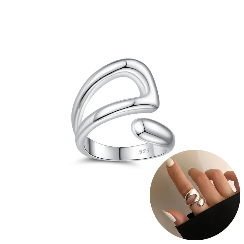 PANJBJ 925 Sterling Silver Wide Smooth Ring for Women Girl Irregular Simple Fashion Adjustable Jewelry Gift Dropshipping