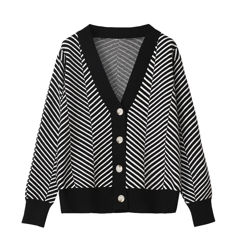 V Neck Diamond Striped Lazy Style Literary Knit Cardigan Jacket