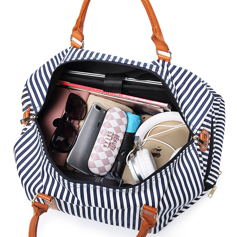 New Fashion Stripe Contrast Color and Leather Canvas Big Bag