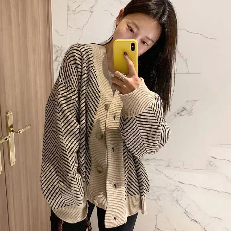 V Neck Diamond Striped Lazy Style Literary Knit Cardigan Jacket