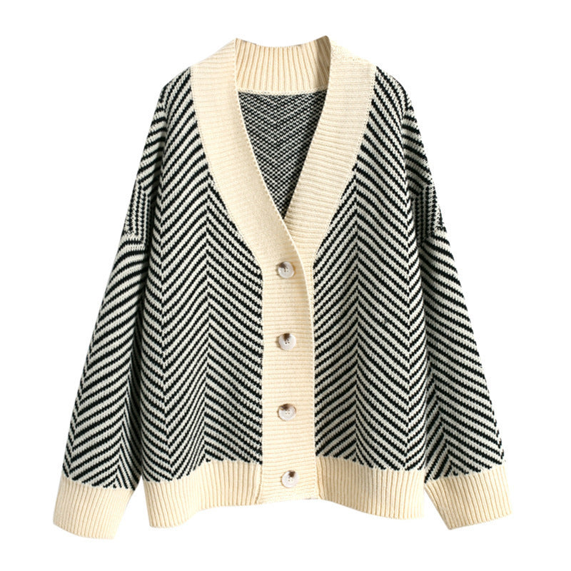 V Neck Diamond Striped Lazy Style Literary Knit Cardigan Jacket