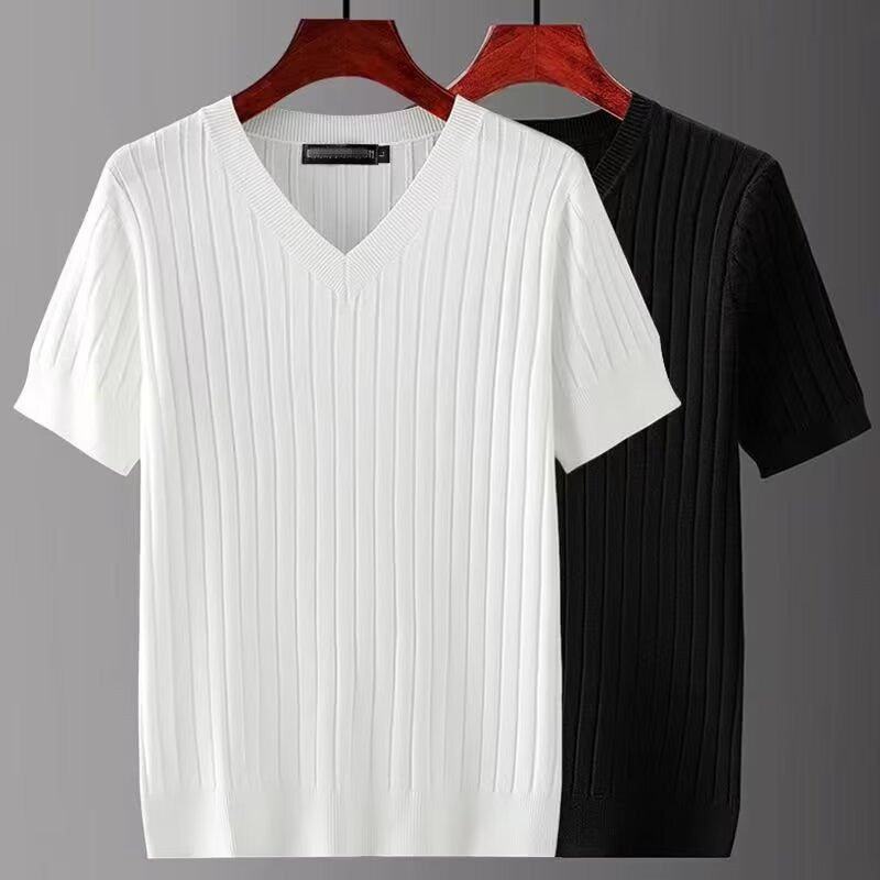 Men's Short-sleeved V-neck Knitted T-shirt