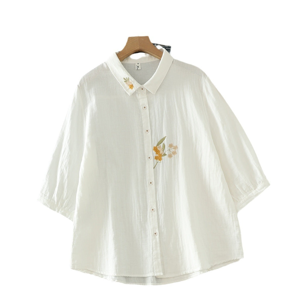 Artistic Flower Embroidery Double-layer Cotton Yarn Half Sleeve Shirt New Loose-fitting Short Sleeves Top