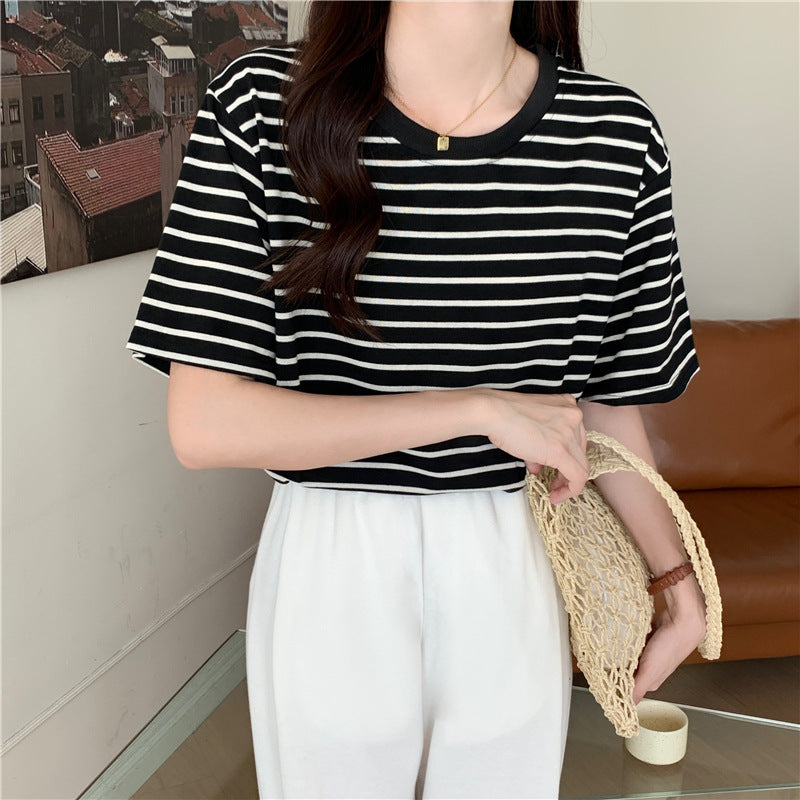 New Korean Style Back Patch Striped Short-sleeved Women's T-shirt