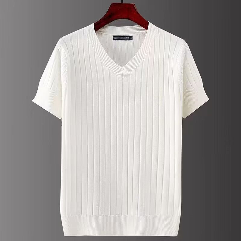 Men's Short-sleeved V-neck Knitted T-shirt