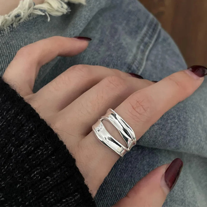 PANJBJ 925 Sterling Silver Wide Smooth Ring for Women Girl Irregular Simple Fashion Adjustable Jewelry Gift Dropshipping