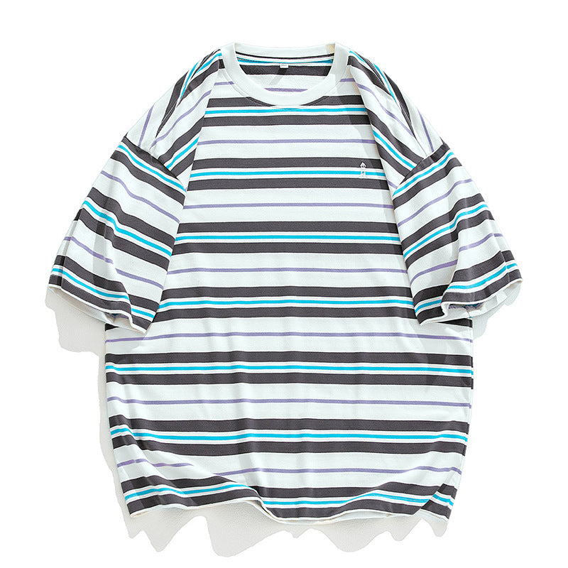 Men's Retro Contrast Color Striped Loose All-match Short Sleeve