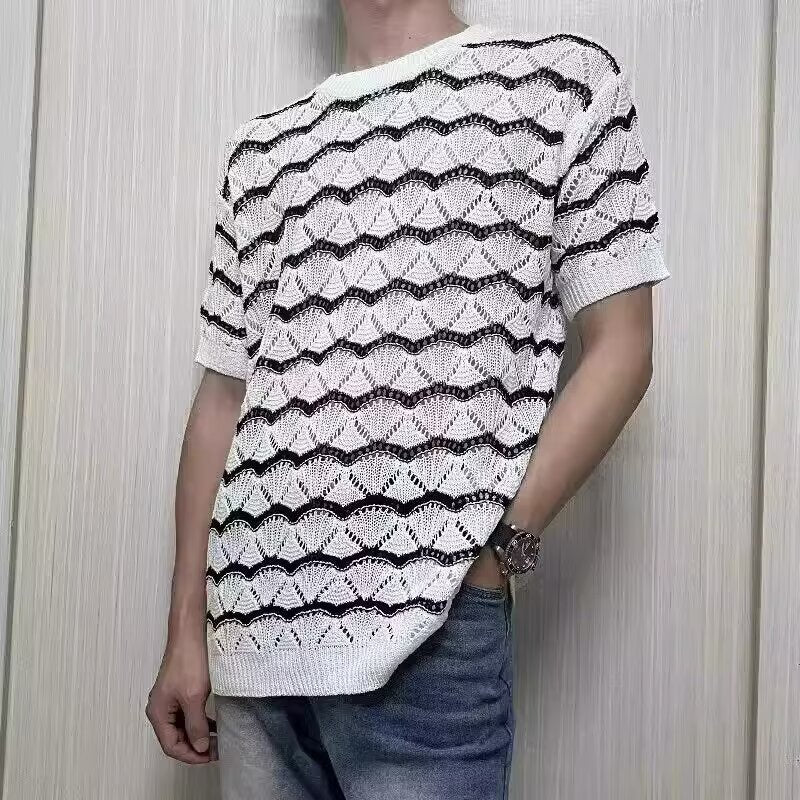 Men's Short-sleeved T-shirt Hollow Sweater Jacquard Top