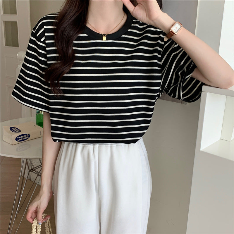 New Korean Style Back Patch Striped Short-sleeved Women's T-shirt