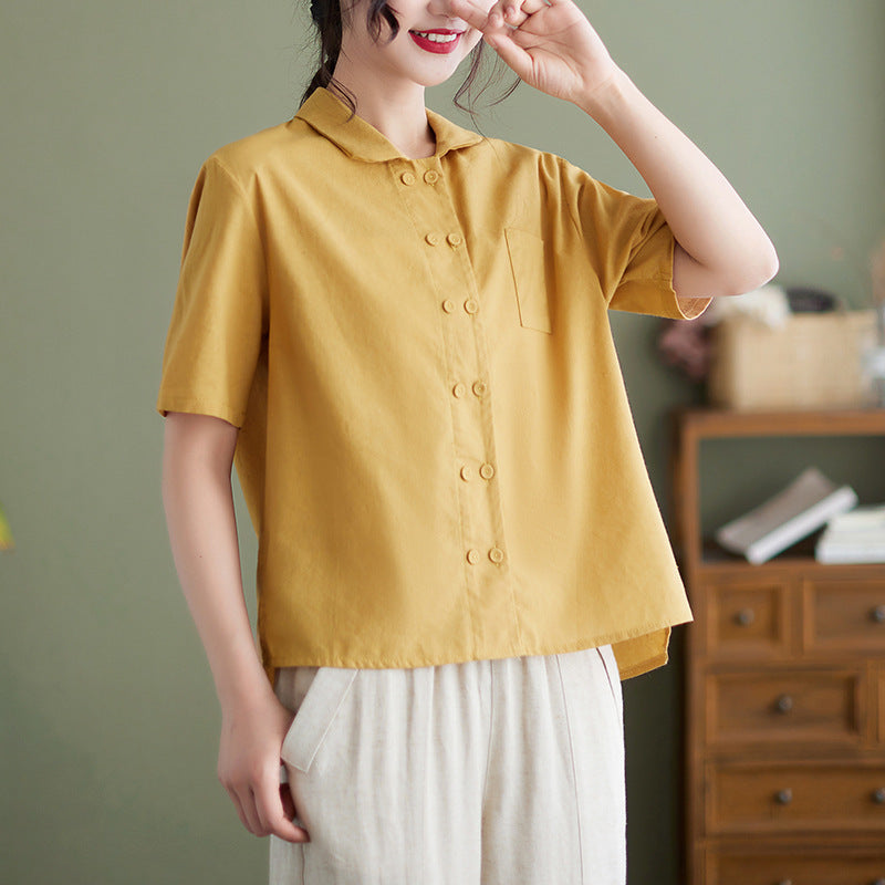 Summer New Artistic Loose Solid Color Retro Short Sleeve Shirt Top Women